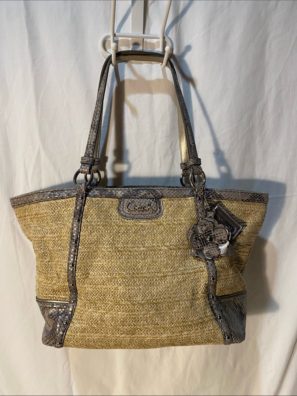 Coach F21959 Alexandria Straw Tote with Metallic Trim - Natural/Gray
